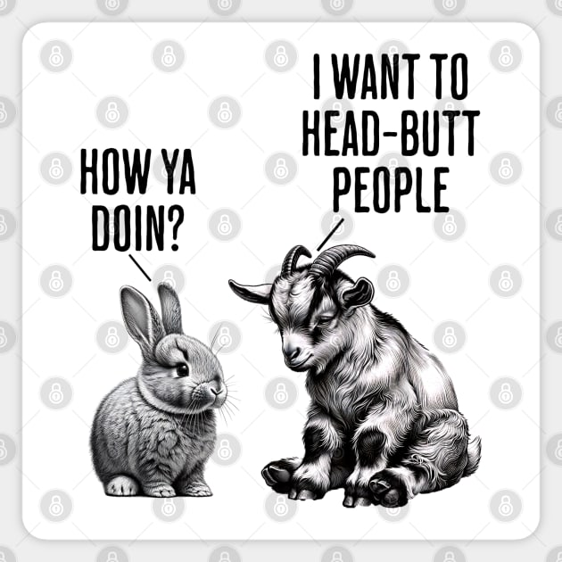 Cute bunny, feral goat kid "How ya doin?" "I want to head-butt people" Sticker by Luxinda